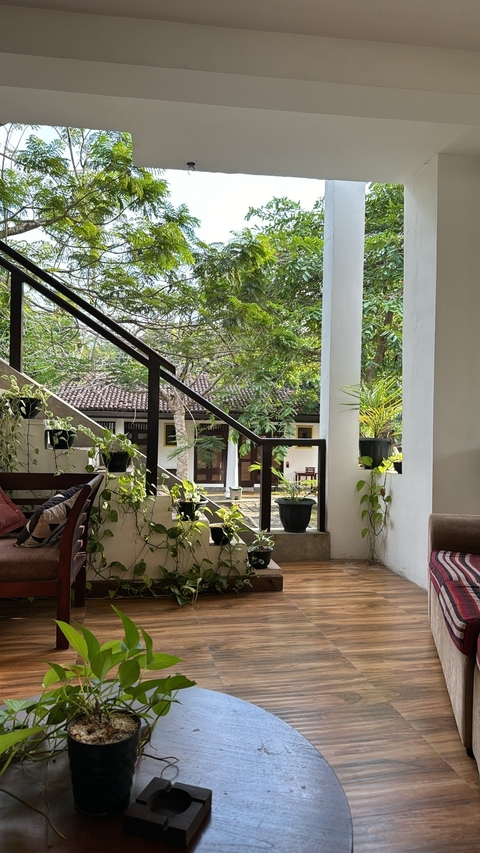       A terrace with greenery and wooden railings.
  
