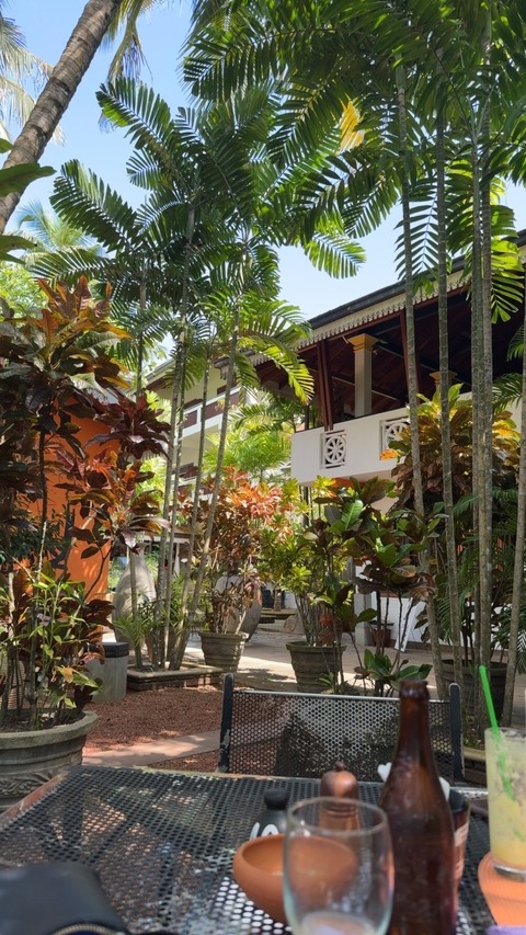       A building surrounded by lush tropical trees.
  