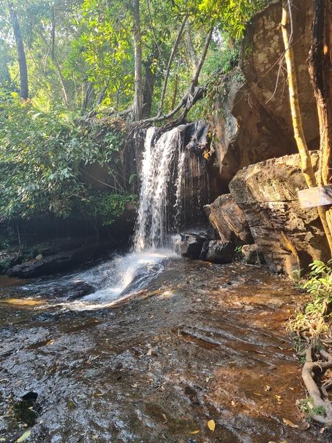       Waterfall cascading over rocks surrounded by greenery.
  