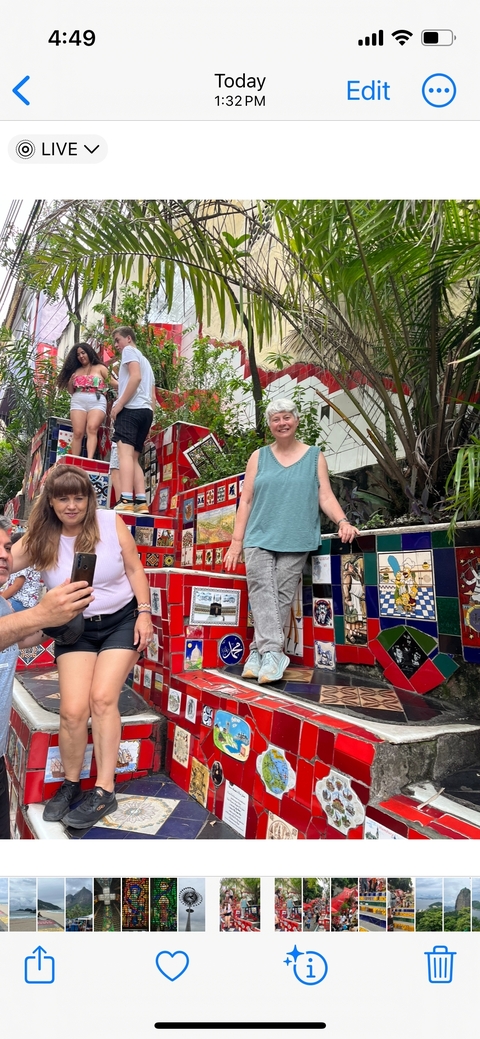 People on colorful tiled steps