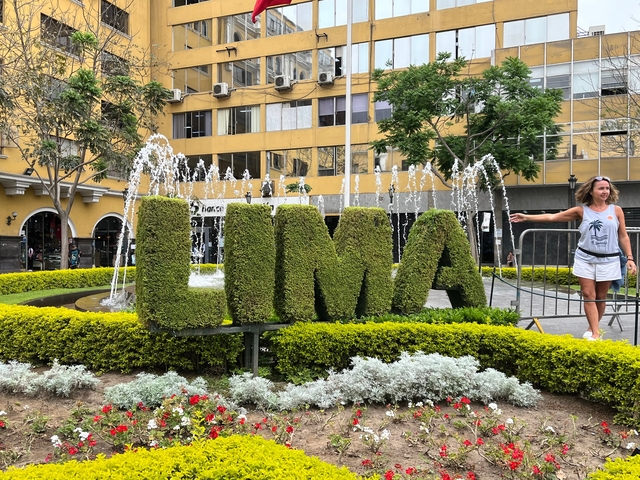 Sculpture garden with fountains and greenery