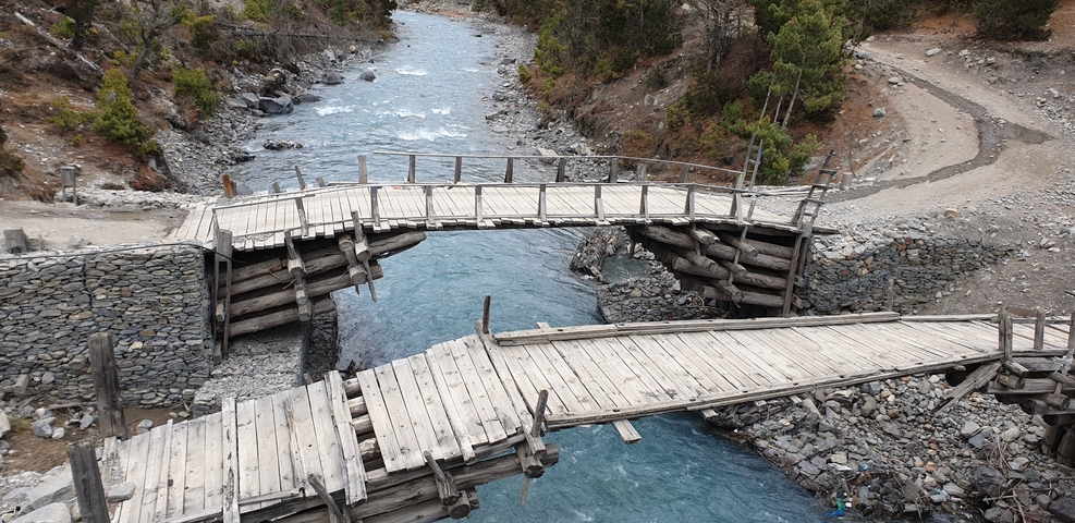 Wooden bridge over a clear blue river.