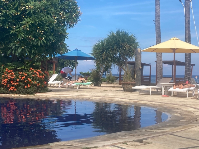 People relaxing by a swimming pool with beach view.