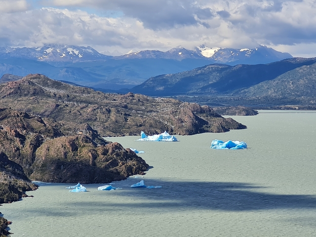 Icebergs floating in a lake with mountains in the background.