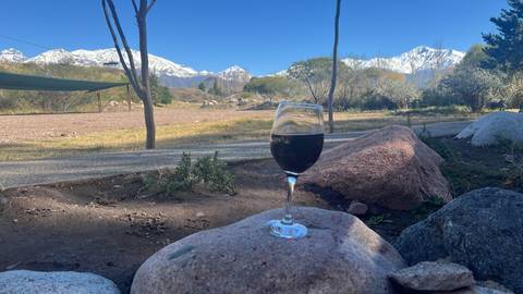 A wine glass placed among rocks with a scenic mountain background.