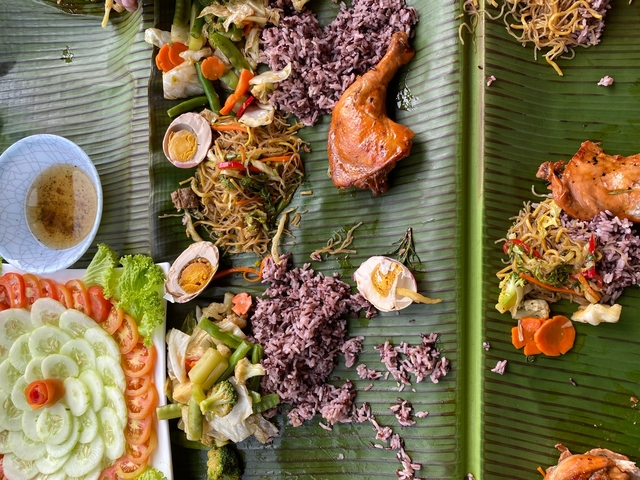 Traditional meal served on banana leaves.