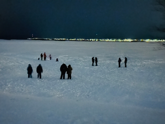 People standing on a snowy landscape at night.