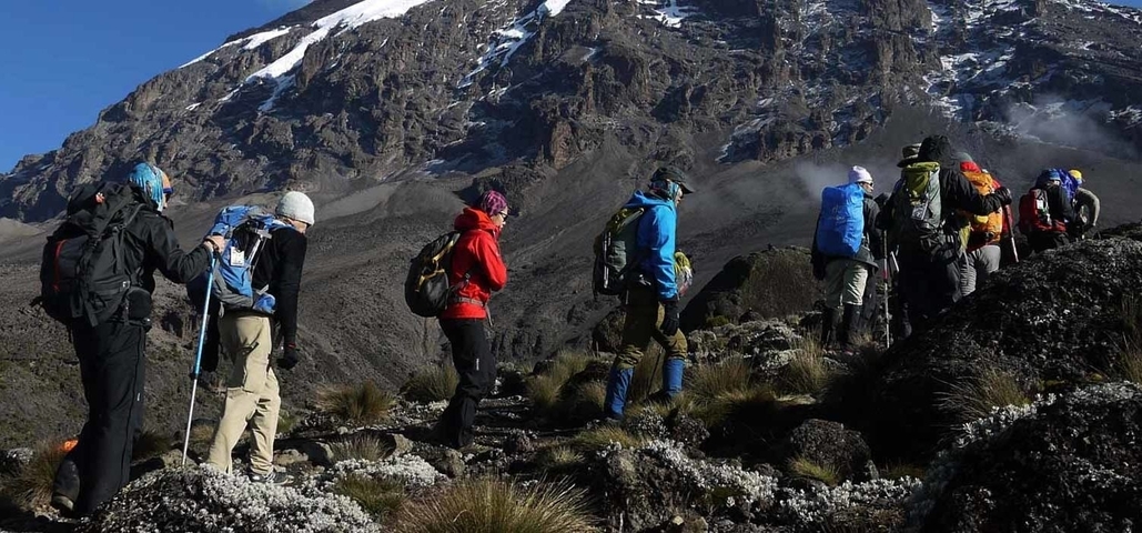 Group of climbers on a mountainous trail with a rugged backdrop.