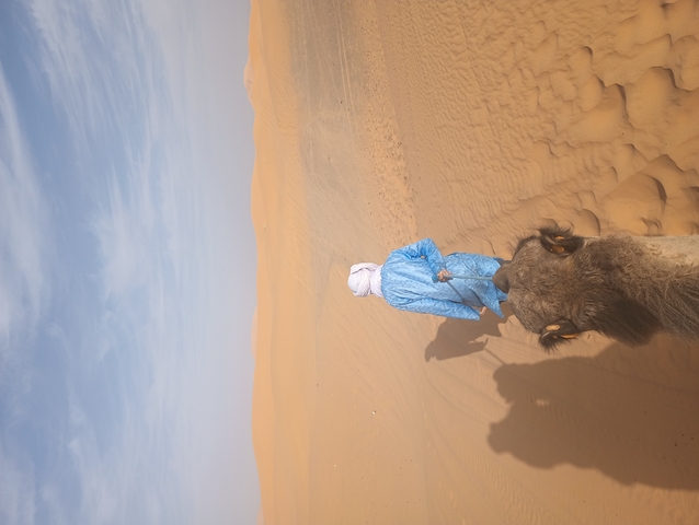 Person riding a camel in the Moroccan desert.