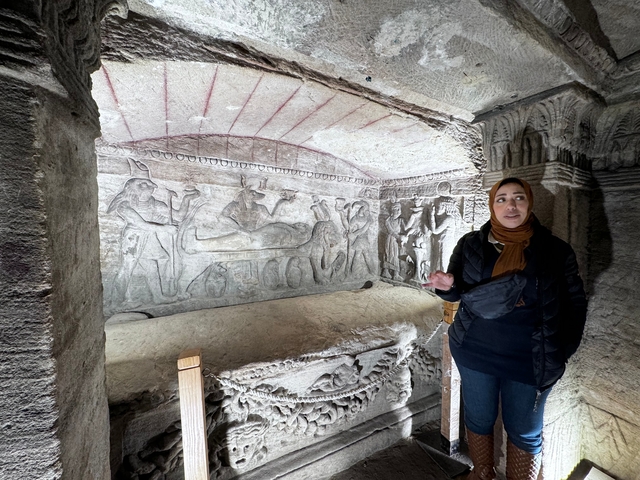       A woman explaining ancient Egyptian carvings.
  