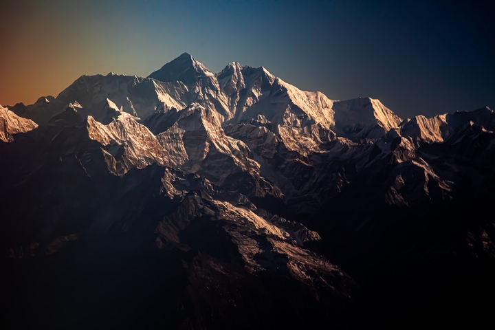 Mountain range with snow-covered peaks.