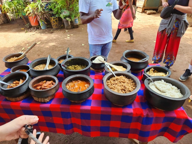 Traditional African dishes laid out on a table.