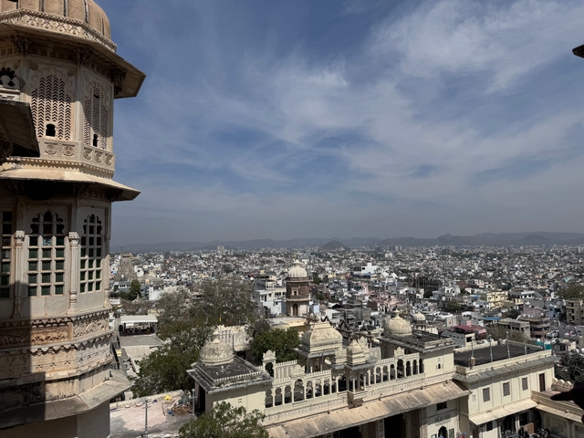 Panoramic view of a city with a historical building in the foreground.