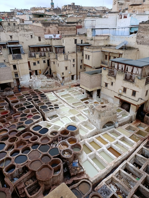       Aerial view of an historical complex with circular basins.
  