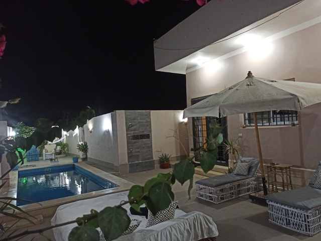       Outdoor pool area with plants at night.
  