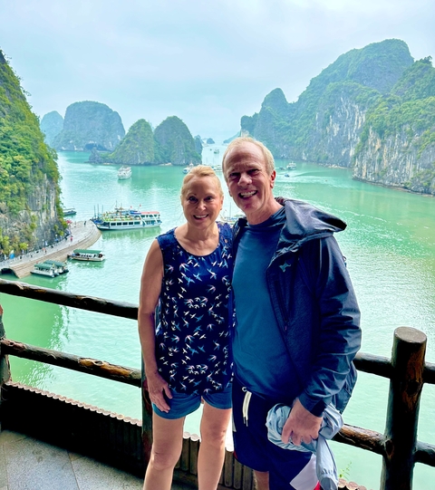 Couple with Halong Bay view in the background.
