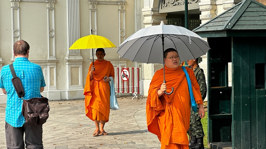       Monks in orange robes walking with umbrellas outside a building.
  