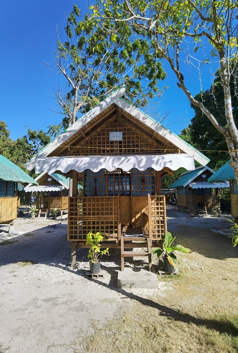       Bamboo structured accommodation with green roofs.
  