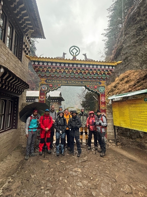       Group at the entrance of Sagarmatha National Park.
  