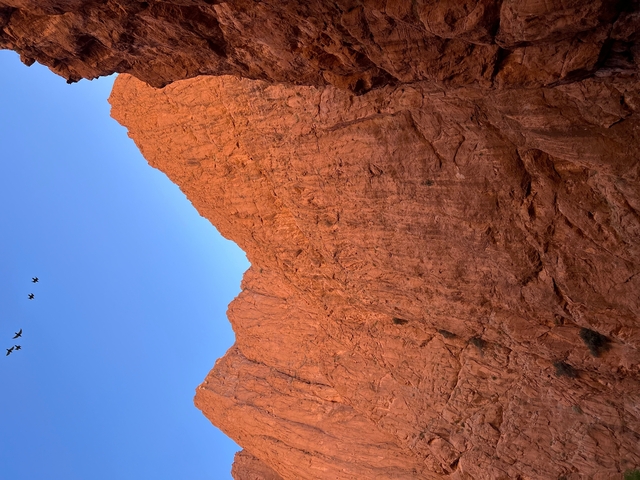 Rocky formation with a clear blue sky and birds