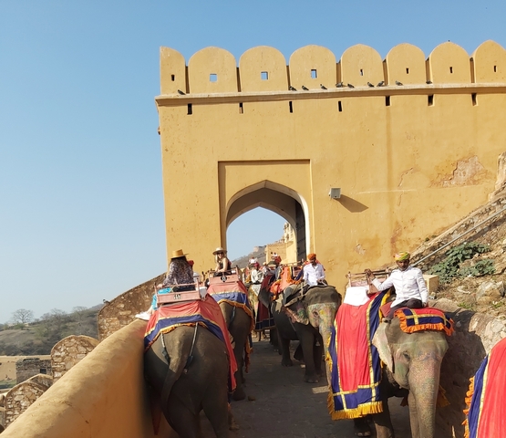Elephants with people at a fort entrance