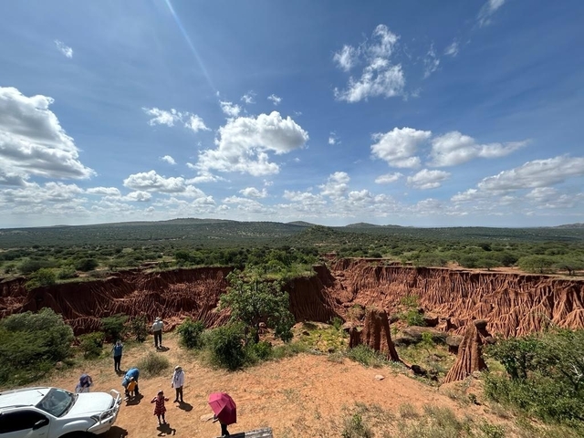 A vast landscape with erosion features and vegetation.