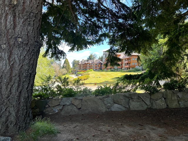       Resort-style building seen through trees.
  