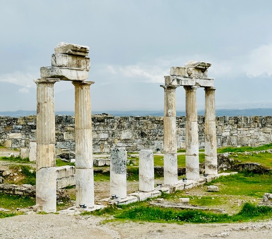      Ancient ruins with standing columns under a cloudy sky.
  