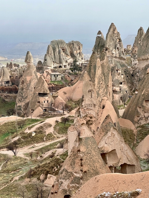       Unique rock formations in a semi-arid landscape with cave dwellings.
  