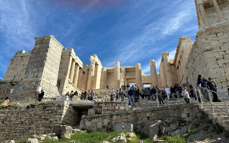Tourists visiting ancient ruins.