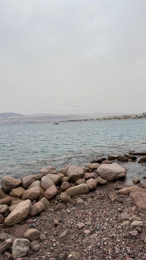 Calm seascape with distant city on the horizon.