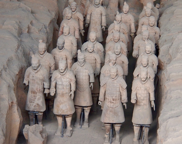 Terracotta Warriors in Xi'an displayed in neat rows, representing ancient Chinese history.