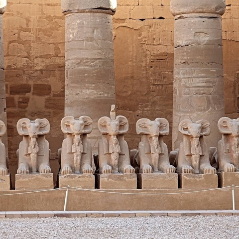 Close-up of statue row with ram-headed sphinxes in a temple courtyard.