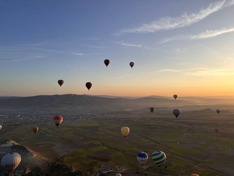 Hot air balloons floating over a landscape at sunrise.