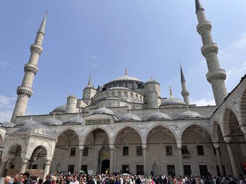       The Blue Mosque in Istanbul with its iconic domes.
  