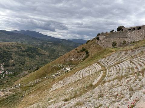 A ruin amphitheater partially reclaimed by nature.
