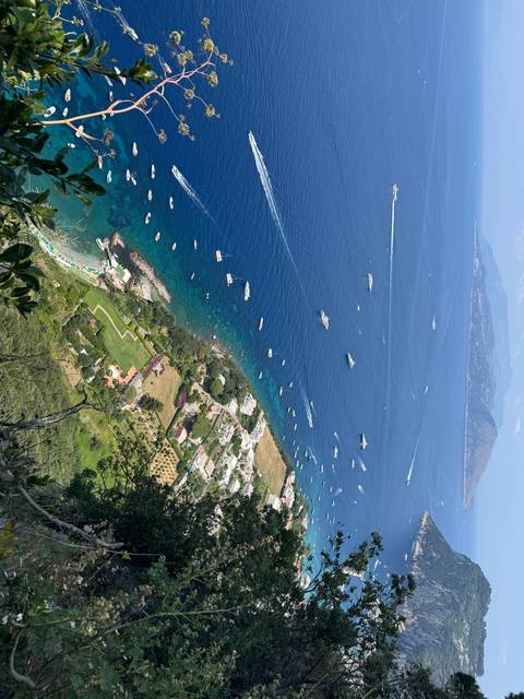Aerial view of coastline with numerous boats on blue water.