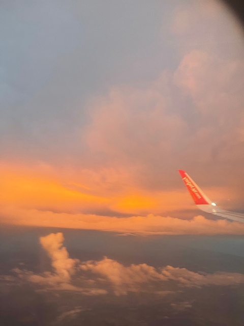       Airplane wing with sunset-colored sky.
  