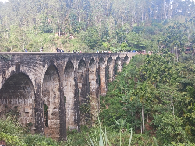 Scenic view of people walking on a high arched stone bridge surrounded by greenery.