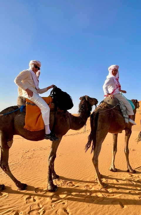       Two people riding camels in the desert.
  