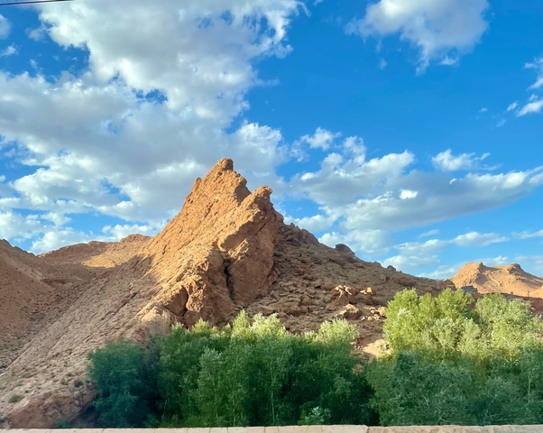       Rugged desert landscape with clear blue sky and rocky formations.
  