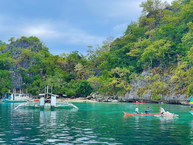       Idyllic coastal area with boats and dense forested cliffs.
  