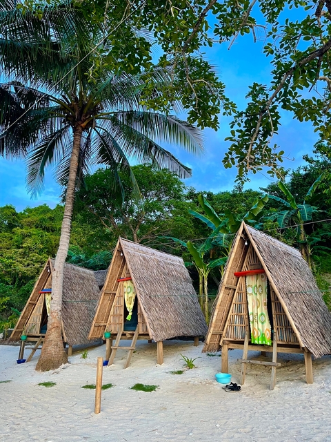       Row of bamboo huts in a lush tropical setting.
  