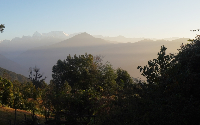       Mountain landscape with trees in the foreground.
  