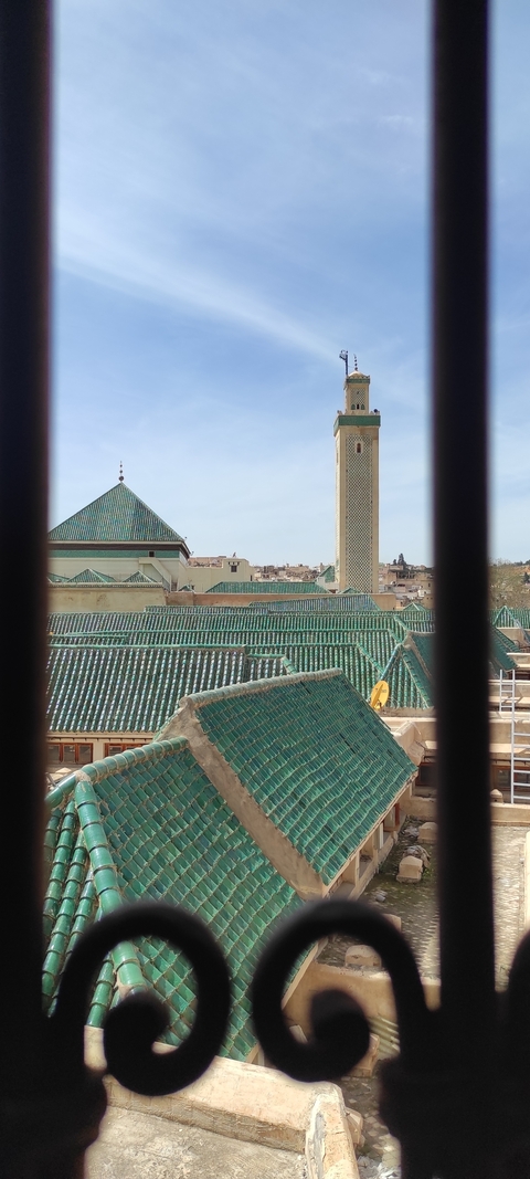 View of architectural complex with green tile roofs.