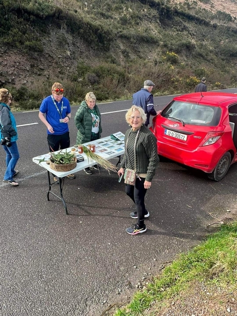 People gathered around a table with goods near a car.