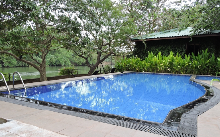 Pool surrounded by lush greenery and a river.