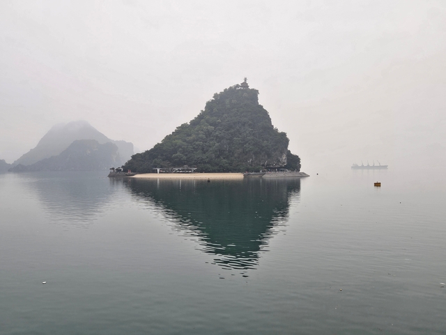       Island with dense foliage reflected in calm waters.
  