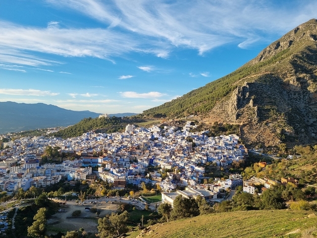 Hillside town with white and blue buildings.