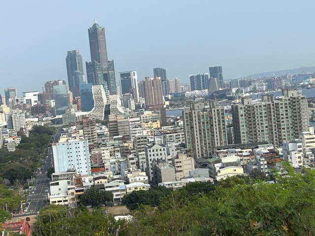 Cityscape with tall buildings under a clear sky.